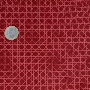 May include: A close-up of a red fabric with a repeating geometric pattern resembling woven cane. A Euro coin is placed on the fabric for scale. The fabric's design features intersecting lines and circles, creating a textured appearance.