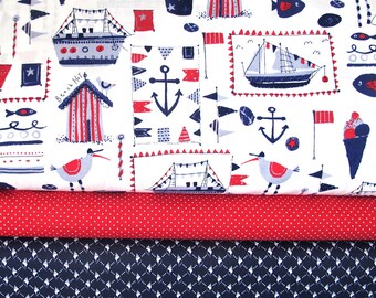 Fabric bundle, ships and polka dots, cotton, nautical design, 3 fabrics, each 50 x 75 cm