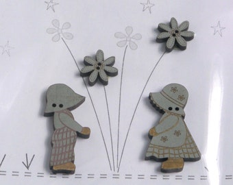 Wooden button, decorative button, floral, children's buttons, grey, blue