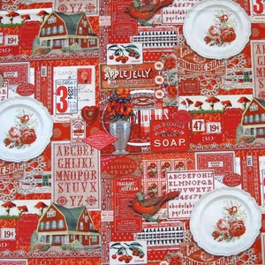 Könnte beinhalten: Roter und weißer Stoff mit einem sich wiederholenden Muster aus Häusern, Blumen, Tellern und Buchstaben des Alphabets. Der Stoff hat einen Vintage- und Cottagecore-Look.
