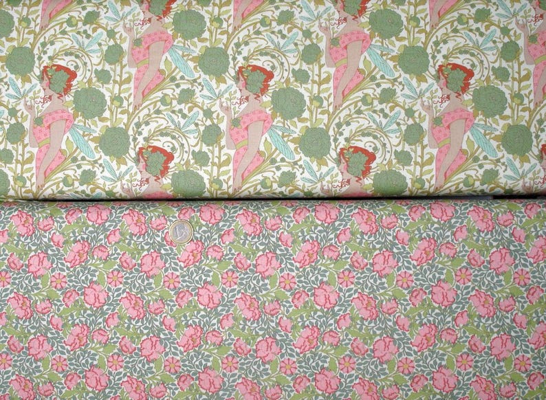 Paquete de telas Tilda, algodón, rosas, flores, pájaro cantor, verde, rosa, 7 telas, cada una de 25 x 55 cm imagen 3