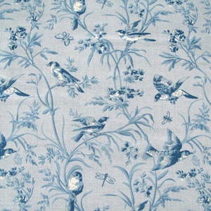 May include: Blue and white floral fabric with a repeating pattern of birds and flowers. The fabric has a light blue background with white flowers and blue birds.