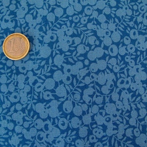 Könnte beinhalten: Nahaufnahme eines blauen Stoffes mit floralem Muster. Das Design zeigt hellblaue Blumen und Blätter auf einem dunkleren blauen Hintergrund. Eine goldfarbene Ein-Euro-Münze liegt auf dem Stoff zum Größenvergleich.