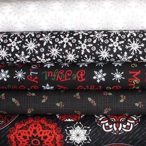 Set di tessuti natalizi, nero, bianco, rosso, patchwork, cotone, 5 tessuti, ciascuno 25 x 55 cm