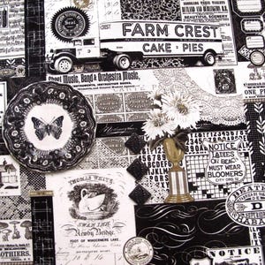 Può includere: Tessuto a motivi bianco e nero con varie immagini e testo. Le immagini includono una farfalla, un cigno, un camion e uno stemma di fattoria. Il testo include le parole "Farm Crest", "Cake Pies", "One Price Clothier" e "Notice Ladies on Beach Must Wear Bloomers".