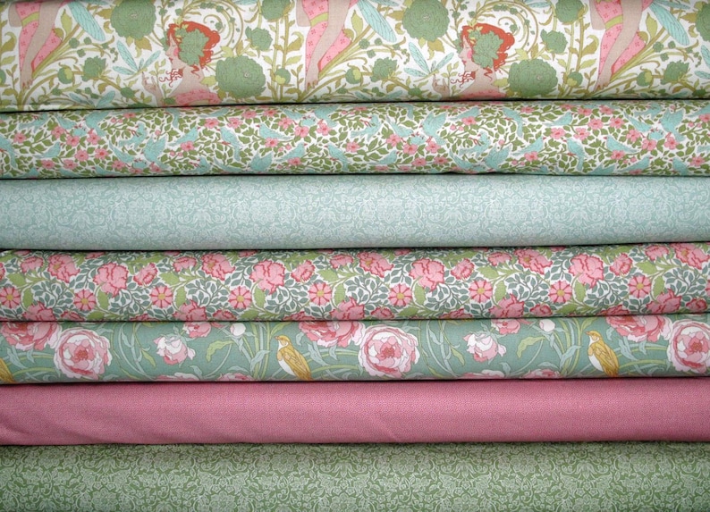 Paquete de telas Tilda, algodón, rosas, flores, pájaro cantor, verde, rosa, 7 telas, cada una de 25 x 55 cm imagen 1
