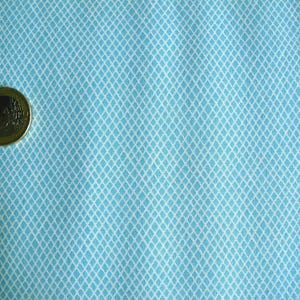 Könnte beinhalten: Nahaufnahme eines hellblauen Stoffes mit weißem Rautenmuster. Eine goldfarbene Euro-Münze liegt auf dem Stoff. Die Textur des Stoffes ist sichtbar, was darauf hindeutet, dass er für Kleidung oder Heimdekoration verwendet werden könnte.