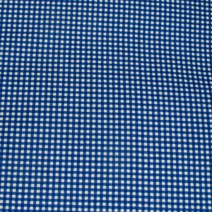 Può includere: Primo piano di un tessuto a motivo gingham blu e bianco. Il tessuto presenta un motivo ripetuto di piccoli quadrati bianchi su sfondo blu. Il tessuto è probabilmente in cotone o un materiale simile.