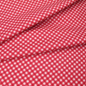 Può includere: Primo piano di tessuto a quadretti rossi e bianchi. Il tessuto è piegato, mostrando il motivo di piccoli quadrati distanziati uniformemente. La combinazione di colori rosso e bianco è classica e versatile, adatta a vari progetti artigianali.
