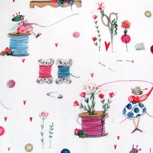 May include: White fabric with a whimsical sewing-themed pattern. The design features spools of thread, scissors, buttons, and small figures of fairies. Red hearts and floral accents are scattered throughout the design. The color palette includes pink, blue, and green.
