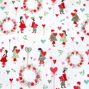 Peut inclure: Tissu blanc avec un motif répété de cœurs rouges, de couronnes de fleurs et d'illustrations de personnes tenant des cœurs rouges. Les personnes portent des vêtements rouges, verts et bleus.