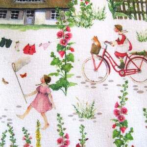 May include: A whimsical illustration depicts a rural scene with a red bicycle, a girl, and a fox in a basket. A girl chases butterflies with a net. A house, clothesline, and flowers add to the idyllic setting. The color palette includes red, pink, green, and white.