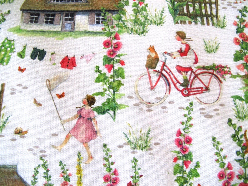 May include: A whimsical illustration depicts a rural scene with a red bicycle, a girl, and a fox in a basket. A girl chases butterflies with a net. A house, clothesline, and flowers add to the idyllic setting. The color palette includes red, pink, green, and white.