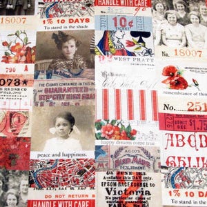 Könnte beinhalten: Eine Collage aus Vintage-Bildern und Texten, darunter eine rote Mohnblume, ein Mädchen in einem weißen Kleid, ein Ticket für 10 Cent und ein Schild mit der Aufschrift "Vorsichtig behandeln".