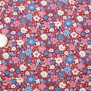 Op de afbeelding: Een stof met een dicht bloemenpatroon van kleine roze, lichtblauwe en witte bloemen op een donkerrode achtergrond. Een goudkleurige euromunt ligt op de stof om een schaalvergelijking te geven voor de grootte van de bloemenprint.