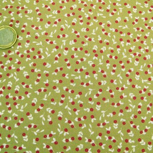 Könnte beinhalten: Grüner Stoff mit einem sich wiederholenden Muster aus kleinen roten Beeren und weißen Blättern.