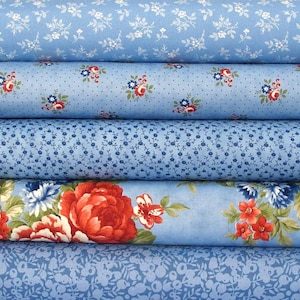 Può includere: Un rotolo di cinque rotoli di tessuto blu con diversi motivi floreali. Il tessuto ha uno sfondo blu chiaro con disegni floreali bianchi, rossi e verdi.