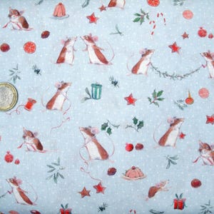 Tessuto Acufactum, tessuto per bambini, topolino di Natale, azzurro, topolino di Natale, cotone, al metro, 25 x 150 cm