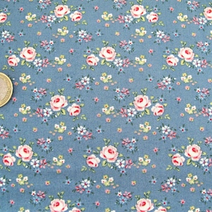 Könnte beinhalten: Blauer Stoff mit einem sich wiederholenden Blumenmuster aus rosa Rosen und kleinen weißen, gelben und lila Blumen. Eine Ein-Euro-Münze befindet sich im Bild als Maßstab.