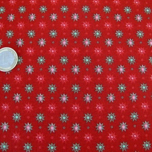 Könnte beinhalten: Roter Stoff mit einem sich wiederholenden Muster aus kleinen, silbernen Sternen mit grünem Zentrum.