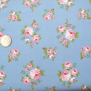 Könnte beinhalten: Ein hellblauer Stoff mit einem sich wiederholenden Muster aus rosa Rosen. Die Rosen sind zu Gruppen zusammengefasst und haben einen Vintage-Look.