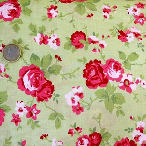 Könnte beinhalten: Stoff mit floralem Muster aus roten und weißen Rosen auf hellgrünem Hintergrund, mit grünen Blättern. Eine Euro-Münze ist sichtbar. Der Stoff eignet sich für Näh- oder Bastelprojekte.