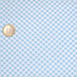 Könnte beinhalten: Eine Ein-Euro-Münze liegt auf einem hellblau-weiß karierten Stoff. Das Gewebe zeigt ein sich wiederholendes Muster aus kleinen, gleichmäßig verteilten Quadraten. Die Münze ist goldfarben und zeigt die Zahl 1.