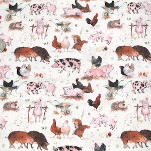 Tessuto acufactum, galline, maiali, stampa animalier, storie di stalle, tessuto per bambini, cotone, al metro, 25 x 150 cm