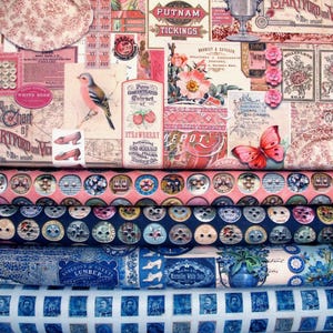 Stoffenpakket voor Junk Journal: knopen, etiketten, stempels, patchwork katoen. 5 stoffen van elk 25 x 55 cm.