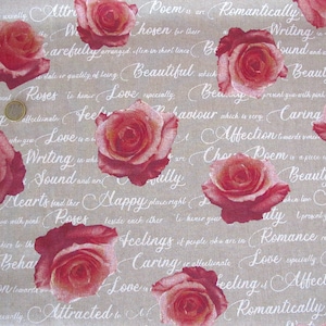 May include: A beige fabric background with white text and pink roses. The text includes words like "love", "caring", "affection", "beauty", "romance", and "poetry".