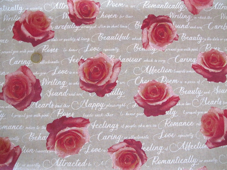 May include: A beige fabric background with white text and pink roses. The text includes words like "love", "caring", "affection", "beauty", "romance", and "poetry".