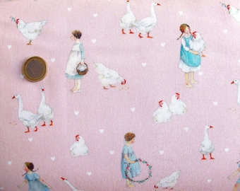Acufactum fabric, country life, girls' children's fabric, pink chickens and geese, cotton, by the meter, 25 x 150 cm