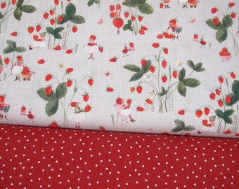 May include: Two fabrics: one with a light grey background featuring a whimsical strawberry design with red berries, green leaves, and small figures. The other fabric is red with white polka dots. Suitable for crafting and sewing projects.