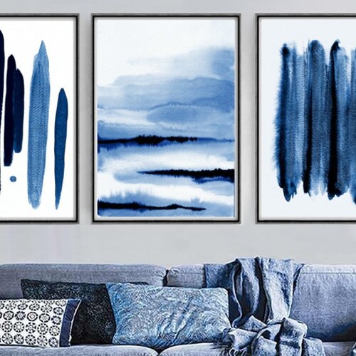 Abstract Blue Shapes Wall Art Print Set of 3 Printable Wall Etsy