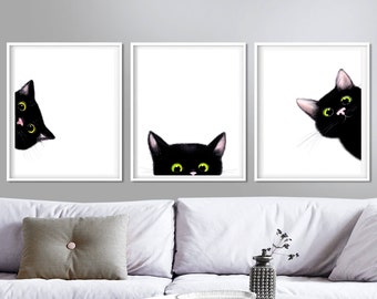 Black Cat Print Set of 3 Watercolor Painting Print Black Cat With ...