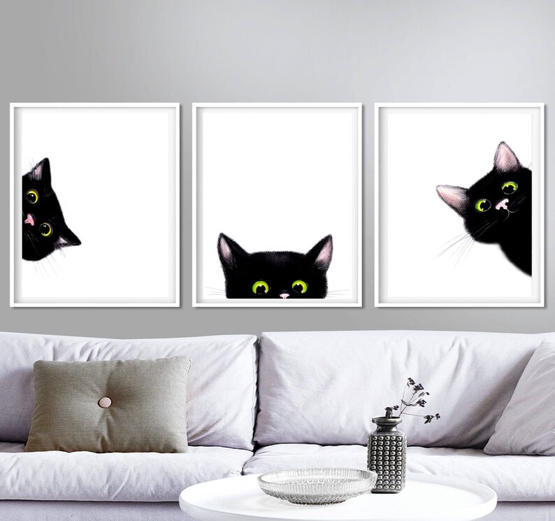 Black Cat Print Set of 3 Printable Black Cat Wall Art Cat Etsy