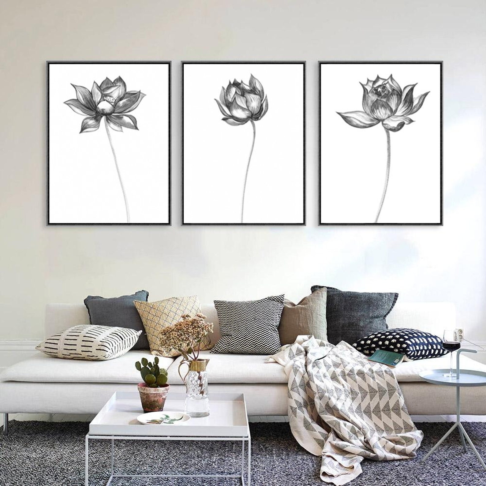 Grey Wall Art Large Wall Decor Set of 3 Prints Black White | Etsy