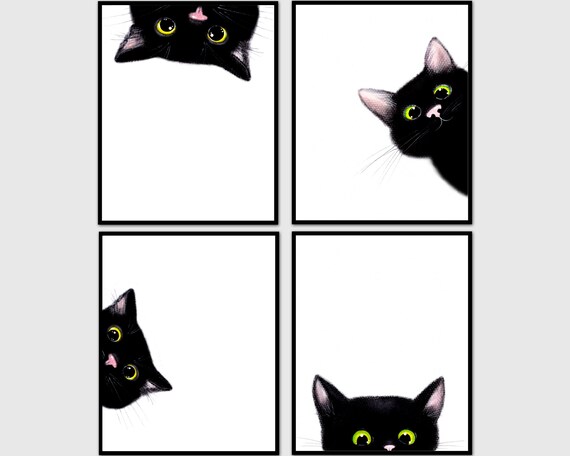 black-cat-wall-art-print-set-of-4-printable-black-cat-poster-etsy