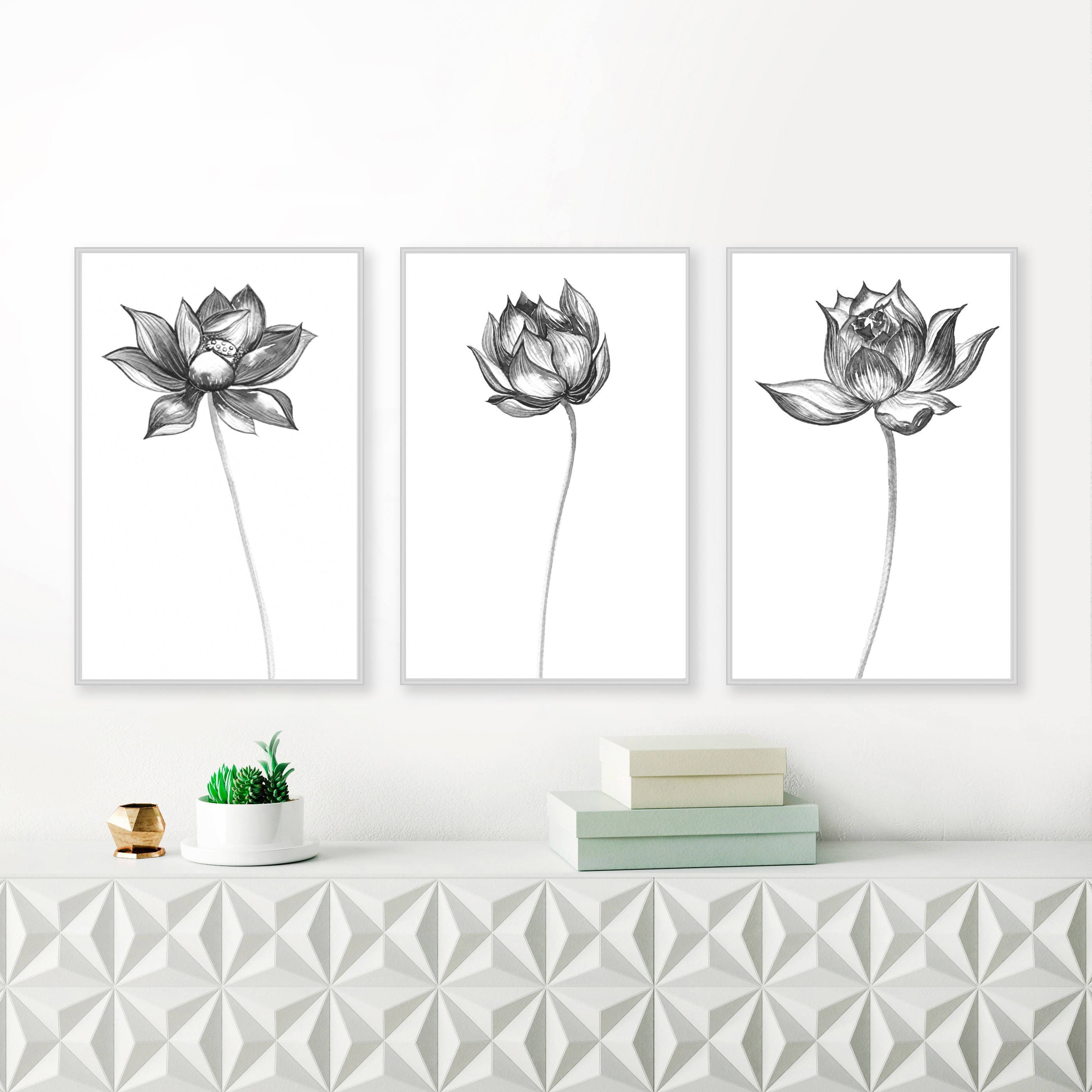 Grey Wall Art Large Wall Decor set of 3 Prints Black White Etsy