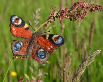 Butterfly needle felted brooch - European Peacock butterfly / Shawl pin / Handbag decoration / Wool ornament/ Backpack pin/ Made to order