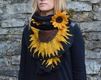 Sunflowers nuno felted silk shawl / For autumn evenings / Elegant wrap / Wool and silk scarf / Gift for her / Scarf for women/ Ready to ship