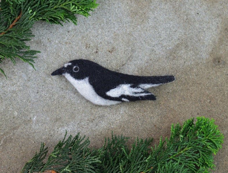Bird needle felted brooch European pied flycatcher Ready to ship