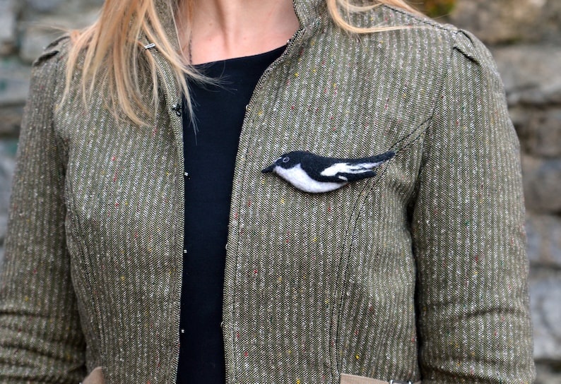 Bird needle felted brooch European pied flycatcher Ready to ship