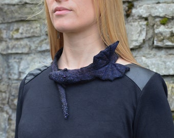 Felted necklace- Night Dragon/ Black winged dragon/ Embroidered with glass beads/ Cosplay decoration/ Fantasy jewelry/ Drogon/ Made to order