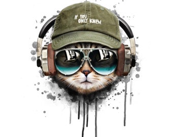 Bügelbild Hipster Coole Katze als Geschenk zum verschönern von Shirts und Pullover | Einfach aufbügeln und fertig.