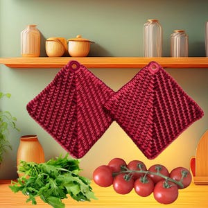 Könnte beinhalten: Zwei quadratische, bordeauxfarbene Topflappen aus Häkelarbeit mit Aufhängeschlaufen. Die Topflappen werden mit einem Zweig Rucola und einer Traube frischer Tomaten präsentiert. Küchendekoration.