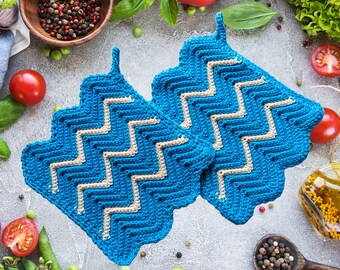 1 PAIR Crochet Pot Holders Zig Zag Stripe Pattern Kitchen Utensil Kitchen Cooking Pot Trivet Cotton Modern Gift