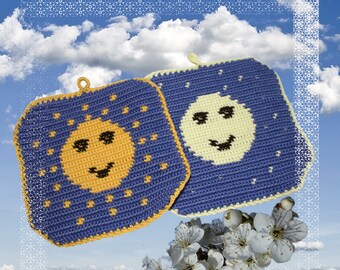 1 PAIR Crochet Pot Holders, Sun, Moon and Stars, Kitchen Utensil, Kitchen, Cooking, Pot Trivet, Cotton, Modern, Gift