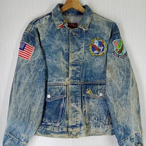 Rare Vintage 80s US NAVY Houston Inc Distressed Denim Jacket Size M