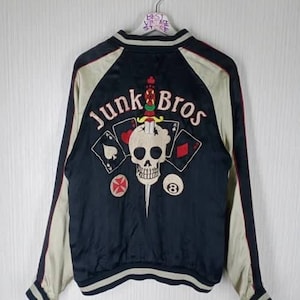Rare!!! Vintage Sukajan Japanese Souvenir Reversible Junk Bros Skull Skeleton Satin Jacket Size M
